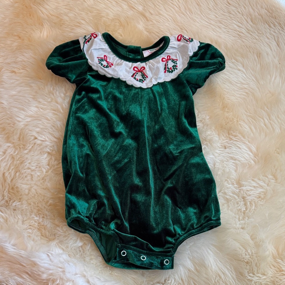 Green Velvet Baby Romper with Embroidered Collar